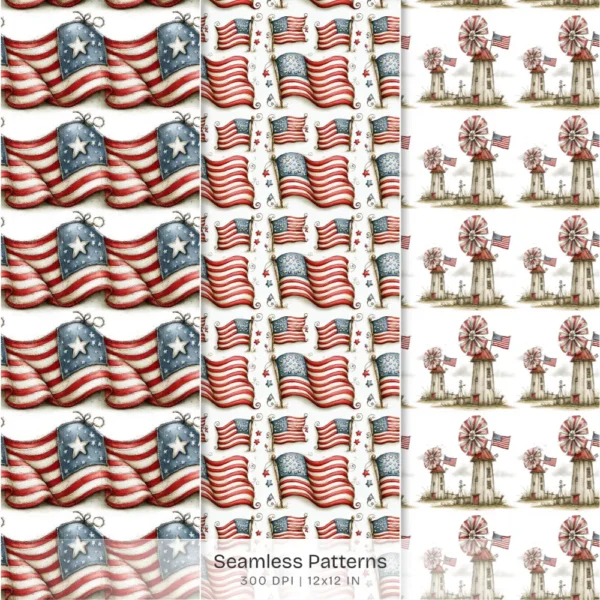 Americana 4th of July Seamless Patterns, Rustic Farmhouse JPEG, Patriotic Pattern, Red White Blue Repeating Pattern, Digital Scrapbook Paper