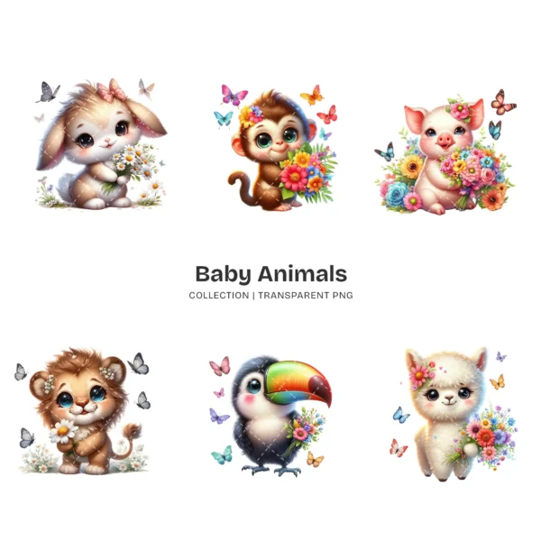 Baby Animals PNG Clipart Collection - 60 PNG, Safari Animal Graphics, Floral Baby Animal, Forest Printables, Commercial use,Digital download