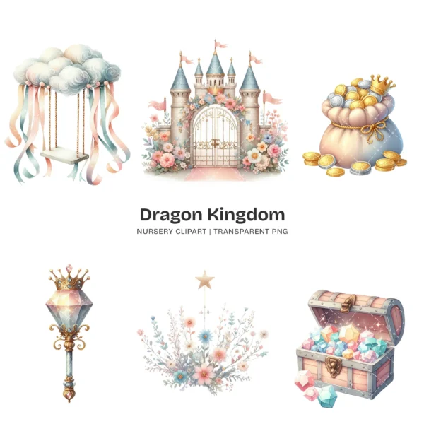 Dragon Kingdom Nursery PNG Clipart - 124 PNG, Knight Graphics, Baby Dragon, Fairy Tale Printables, Commercial use, Digital download