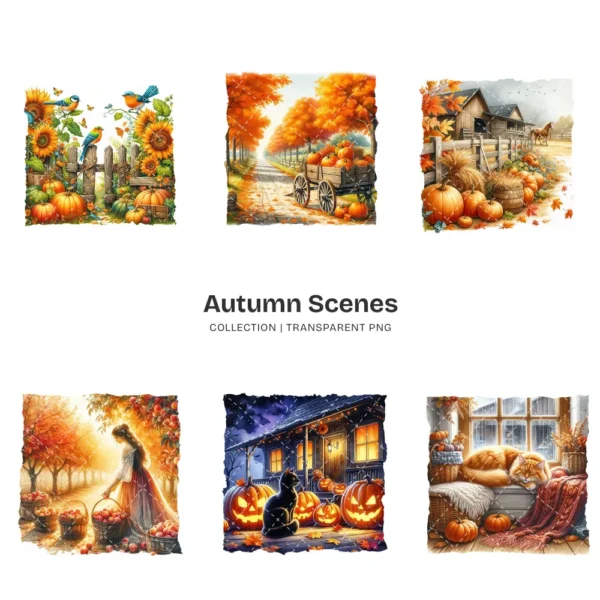 Autumn Scenes PNG Clipart Collection - 60 PNG, Cozy Fall Landscape Graphics, Autumn Cottage Printables, Commercial use, Digital download