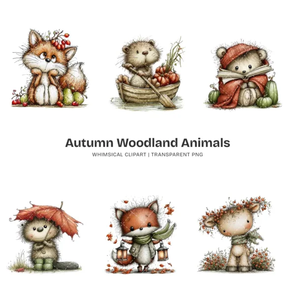 Autumn Woodland Animals Whimsical Clipart - 60 PNG, Fall Forest Graphics, Seasonal Wildlife PNG, Commercial use, Digital download