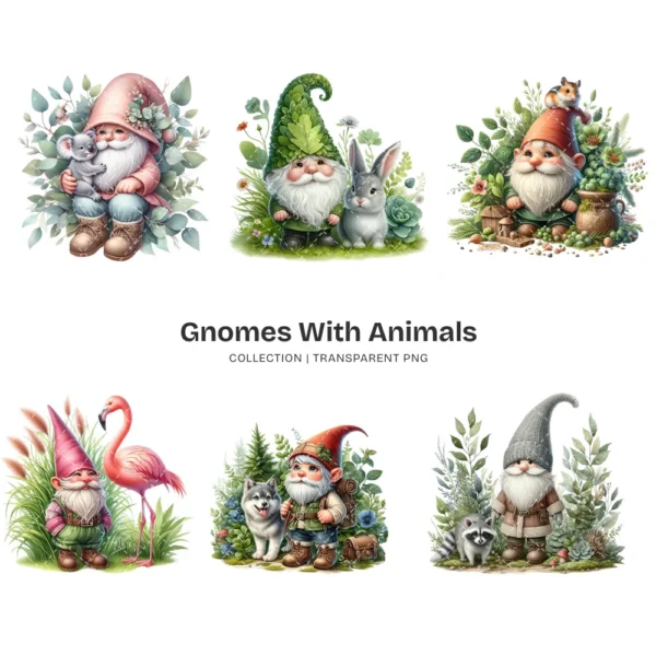 Gnomes With Animals PNG Clipart Collection - 66 PNG, Cute Gnomes Graphics, Forest PNG, Animals Printables, Commercial use, Digital download