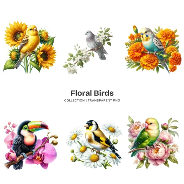 Floral Birds PNG Clipart Collection - 60 PNG, Spring Birds Graphics, Birds On Branch, Blossom Printables, Commercial use, Digital download