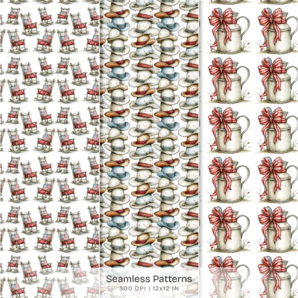 Americana 4th of July Seamless Patterns, Rustic Farmhouse JPEG, Patriotic Pattern, Red White Blue Repeating Pattern, Digital Scrapbook Paper