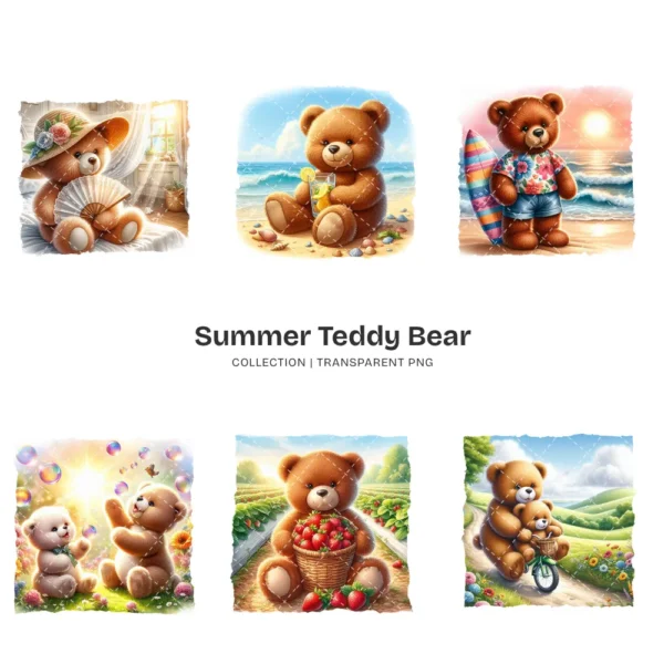 Summer Teddy Bear PNG Clipart Collection (P2) - 60 PNG, Coastal Teddy Bear Graphics, Tropical Printables, Commercial use, Digital download