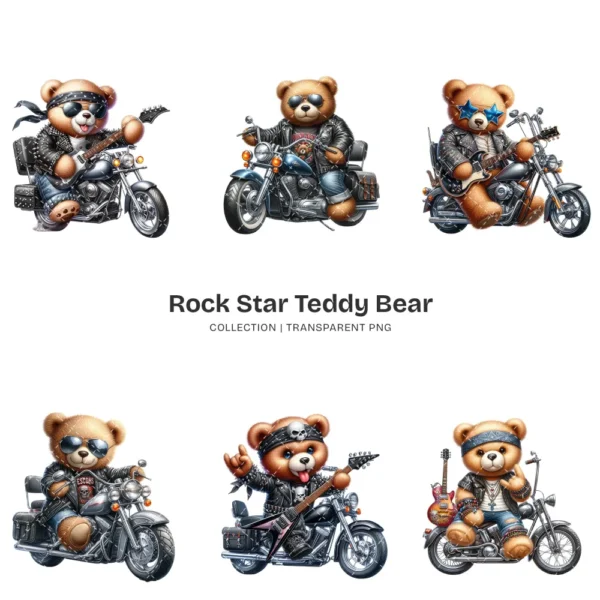 Rockstar Teddy Bear PNG Clipart Collection - 56 PNG, Teddy Bear on A Bike Graphics, Fluffy Teddy Printables, Commercial use,Digital download