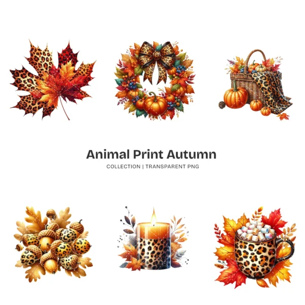 Animal Print Autumn PNG Clipart Collection - 60 PNG, Fall Fashion Graphics, Woodland Autumn Printables, Commercial use, Digital download