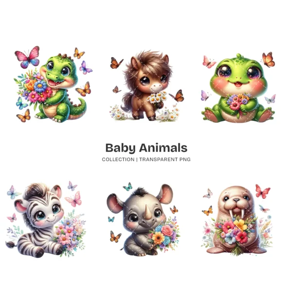 Baby Animals PNG Clipart Collection - 60 PNG, Safari Animal Graphics, Floral Baby Animal, Forest Printables, Commercial use,Digital download