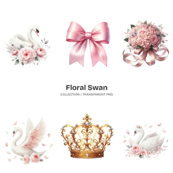 Swan PNG Clipart Collection - 64 PNG, Floral Swan Graphics, Girls Birthday Art, Baby Shower Printables, Commercial use, Digital download