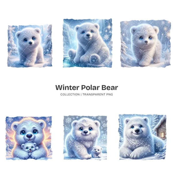 Whimsical Polar Bear PNG Clipart Collection - 76 PNG, Winter Graphics, Arctic Bear, Snowy Forest Printables, Commercial use,Digital download