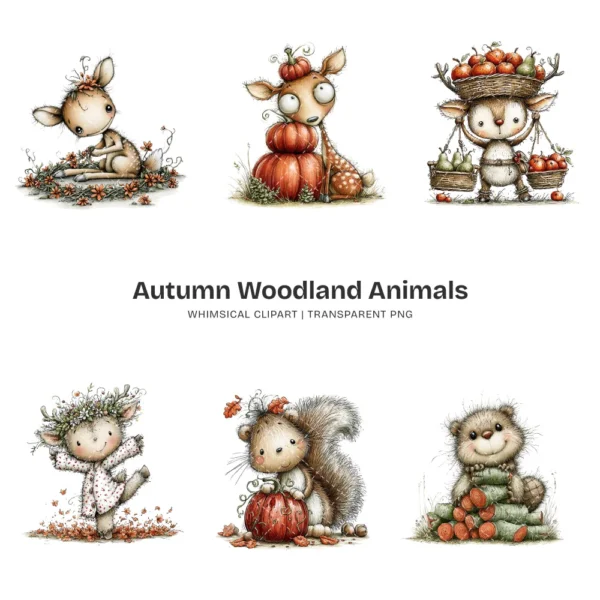 Autumn Woodland Animals Whimsical Clipart - 60 PNG, Fall Forest Graphics, Seasonal Wildlife PNG, Commercial use, Digital download