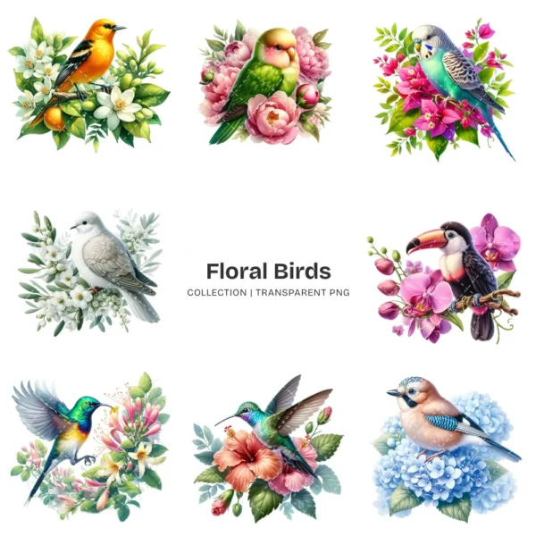 Floral Birds PNG Clipart Collection - 60 PNG, Spring Birds Graphics, Birds On Branch, Blossom Printables, Commercial use, Digital download