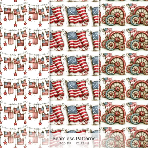 Americana 4th of July Seamless Patterns, Rustic Farmhouse JPEG, Patriotic Pattern, Red White Blue Repeating Pattern, Digital Scrapbook Paper