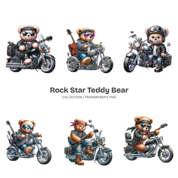 Rockstar Teddy Bear PNG Clipart Collection - 56 PNG, Teddy Bear on A Bike Graphics, Fluffy Teddy Printables, Commercial use,Digital download