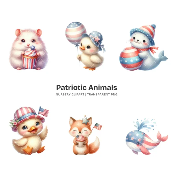 Patriotic Animals Nursery PNG Clipart - 60 PNG, 4th of July Graphics, Independence Day Printables, Commercial use, Digital download