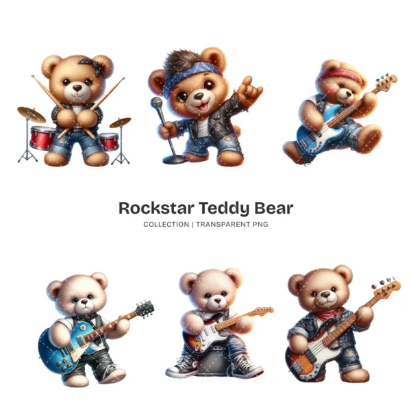 Rockstar Teddy Bear PNG Clipart Collection - 73 PNG, Fluffy Teddy Bear Graphics, Singing Bear Printables, Commercial use,Digital download