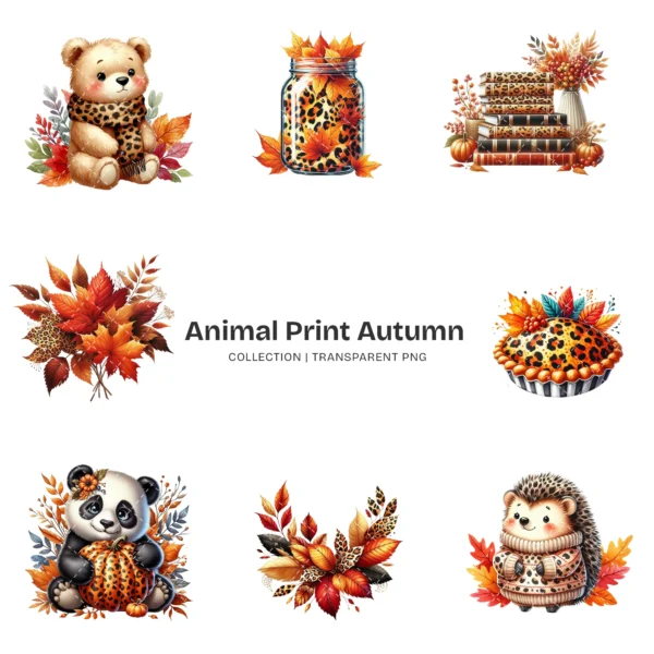 Animal Print Autumn PNG Clipart Collection - 60 PNG, Fall Fashion Graphics, Woodland Autumn Printables, Commercial use, Digital download