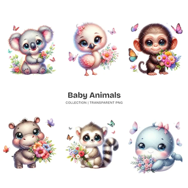 Baby Animals PNG Clipart Collection - 60 PNG, Safari Animal Graphics, Floral Baby Animal, Forest Printables, Commercial use,Digital download