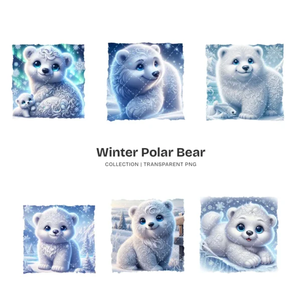 Whimsical Polar Bear PNG Clipart Collection - 76 PNG, Winter Graphics, Arctic Bear, Snowy Forest Printables, Commercial use,Digital download