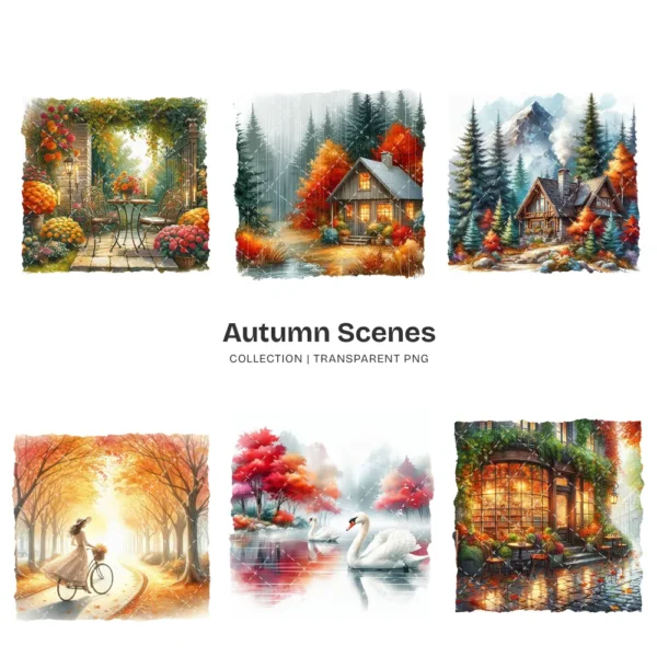 Autumn Scenes PNG Clipart Collection - 60 PNG, Cozy Fall Landscape Graphics, Autumn Cottage Printables, Commercial use, Digital download