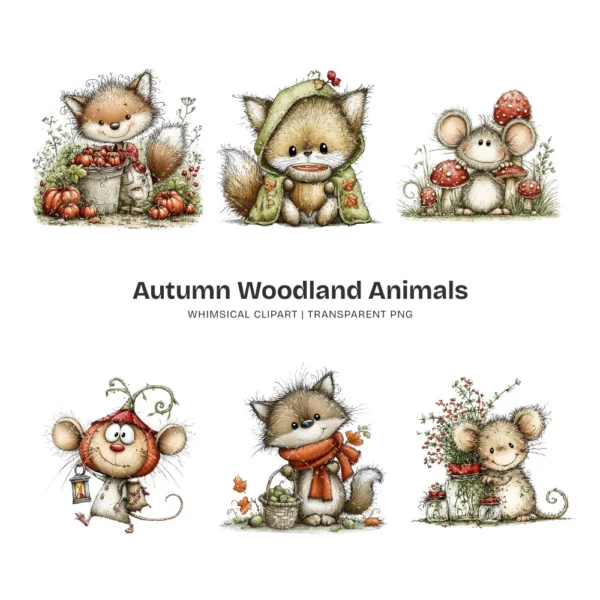 Autumn Woodland Animals Whimsical Clipart - 60 PNG, Fall Forest Graphics, Seasonal Wildlife PNG, Commercial use, Digital download