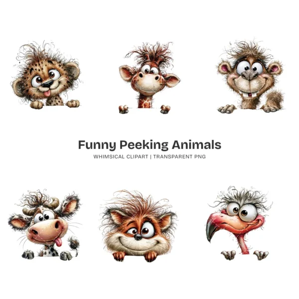Funny Peeking Animals Whimsical Clipart - 60 PNG, Wild Critters Graphics, Quirky, Giggling Animal PNG, Commercial use, Digital download