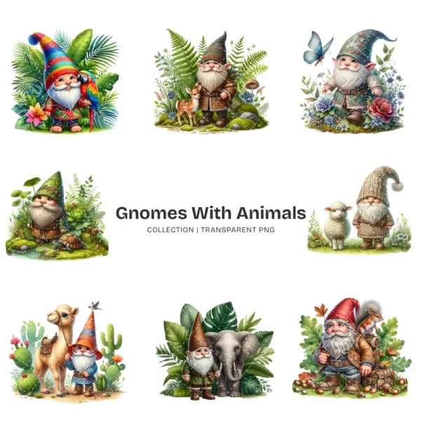 Gnomes With Animals PNG Clipart Collection - 66 PNG, Cute Gnomes Graphics, Forest PNG, Animals Printables, Commercial use, Digital download