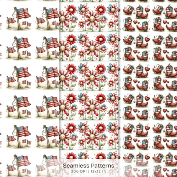 Americana 4th of July Seamless Patterns, Rustic Farmhouse JPEG, Patriotic Pattern, Red White Blue Repeating Pattern, Digital Scrapbook Paper