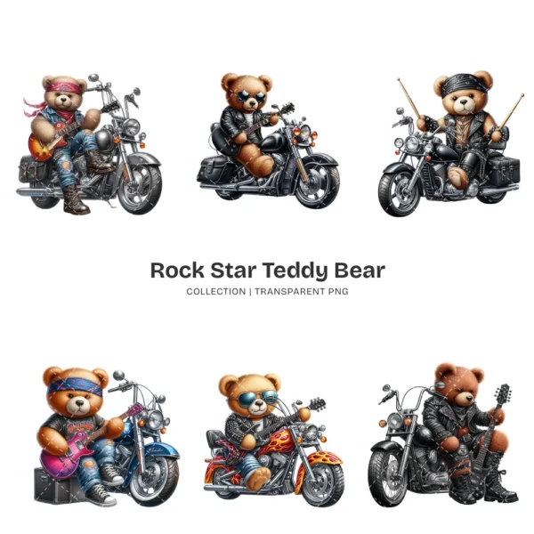 Rockstar Teddy Bear PNG Clipart Collection - 56 PNG, Teddy Bear on A Bike Graphics, Fluffy Teddy Printables, Commercial use,Digital download