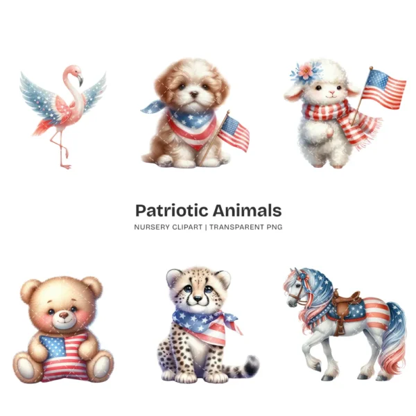 Patriotic Animals Nursery PNG Clipart - 60 PNG, 4th of July Graphics, Independence Day Printables, Commercial use, Digital download