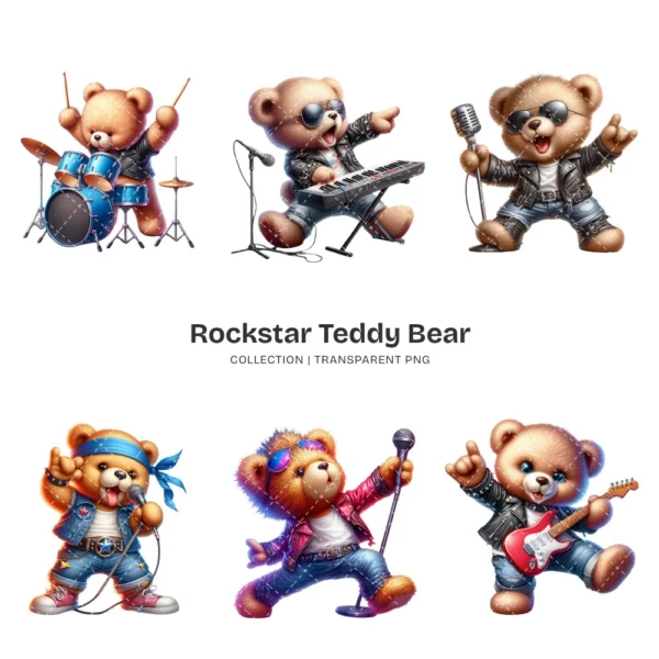 Rockstar Teddy Bear PNG Clipart Collection - 73 PNG, Fluffy Teddy Bear Graphics, Singing Bear Printables, Commercial use,Digital download