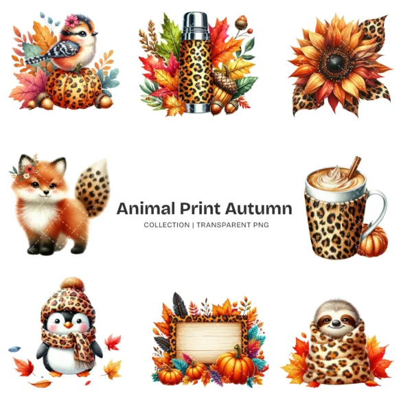 Animal Print Autumn PNG Clipart Collection - 60 PNG, Fall Fashion Graphics, Woodland Autumn Printables, Commercial use, Digital download