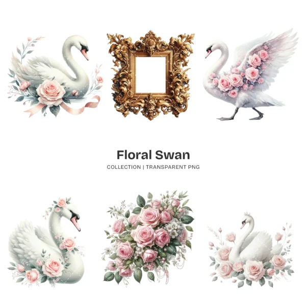 Swan PNG Clipart Collection - 64 PNG, Floral Swan Graphics, Girls Birthday Art, Baby Shower Printables, Commercial use, Digital download