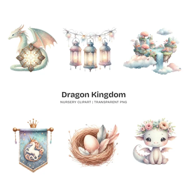 Dragon Kingdom Nursery PNG Clipart - 124 PNG, Knight Graphics, Baby Dragon, Fairy Tale Printables, Commercial use, Digital download