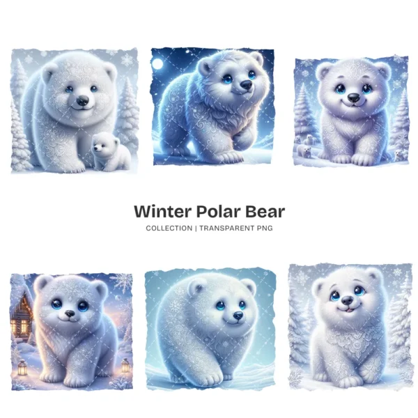Whimsical Polar Bear PNG Clipart Collection - 76 PNG, Winter Graphics, Arctic Bear, Snowy Forest Printables, Commercial use,Digital download