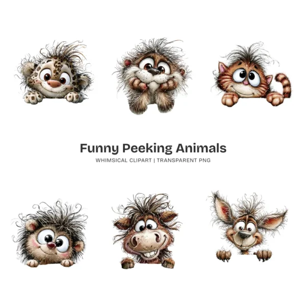 Funny Peeking Animals Whimsical Clipart - 60 PNG, Wild Critters Graphics, Quirky, Giggling Animal PNG, Commercial use, Digital download