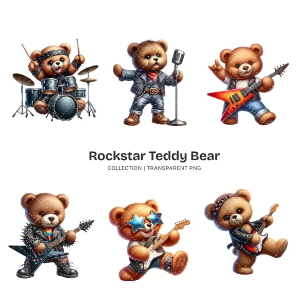 Rockstar Teddy Bear PNG Clipart Collection - 73 PNG, Fluffy Teddy Bear Graphics, Singing Bear Printables, Commercial use,Digital download