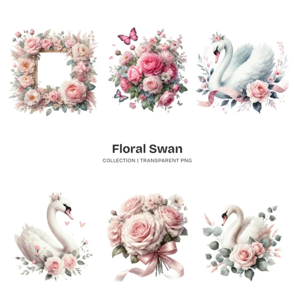 Swan PNG Clipart Collection - 64 PNG, Floral Swan Graphics, Girls Birthday Art, Baby Shower Printables, Commercial use, Digital download