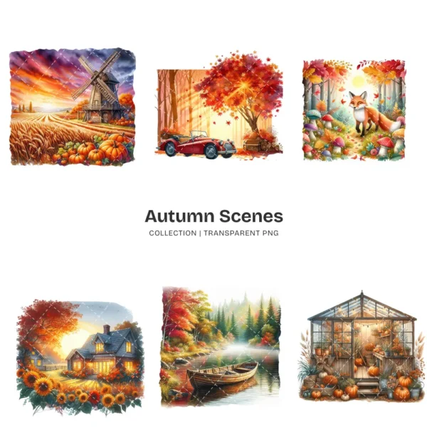 Autumn Scenes PNG Clipart Collection - 60 PNG, Cozy Fall Landscape Graphics, Autumn Cottage Printables, Commercial use, Digital download