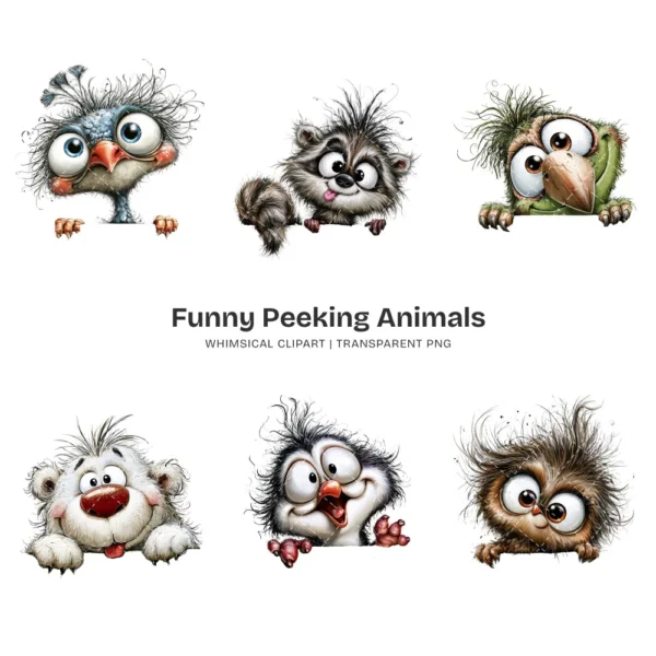 Funny Peeking Animals Whimsical Clipart - 60 PNG, Wild Critters Graphics, Quirky, Giggling Animal PNG, Commercial use, Digital download