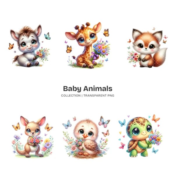Baby Animals PNG Clipart Collection - 60 PNG, Safari Animal Graphics, Floral Baby Animal, Forest Printables, Commercial use,Digital download