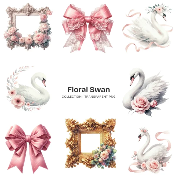 Swan PNG Clipart Collection - 64 PNG, Floral Swan Graphics, Girls Birthday Art, Baby Shower Printables, Commercial use, Digital download