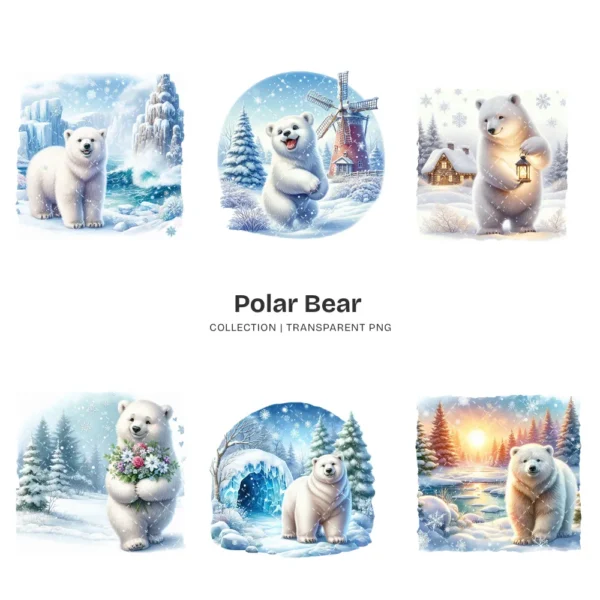 Polar Bear PNG Clipart Collection - 62 PNG, Winter Bear Graphics, Arctic Bear, Snowy Forest Printables, Commercial use, Digital download