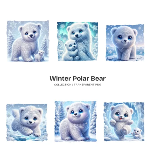 Whimsical Polar Bear PNG Clipart Collection - 76 PNG, Winter Graphics, Arctic Bear, Snowy Forest Printables, Commercial use,Digital download