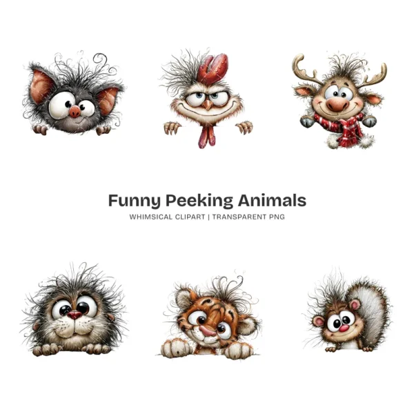 Funny Peeking Animals Whimsical Clipart - 60 PNG, Wild Critters Graphics, Quirky, Giggling Animal PNG, Commercial use, Digital download