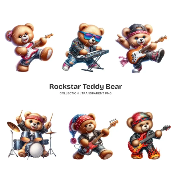 Rockstar Teddy Bear PNG Clipart Collection - 73 PNG, Fluffy Teddy Bear Graphics, Singing Bear Printables, Commercial use,Digital download