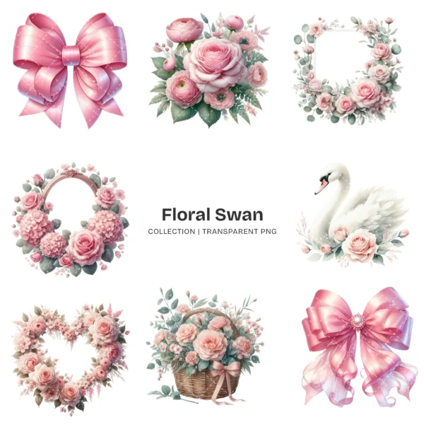 Swan PNG Clipart Collection - 64 PNG, Floral Swan Graphics, Girls Birthday Art, Baby Shower Printables, Commercial use, Digital download