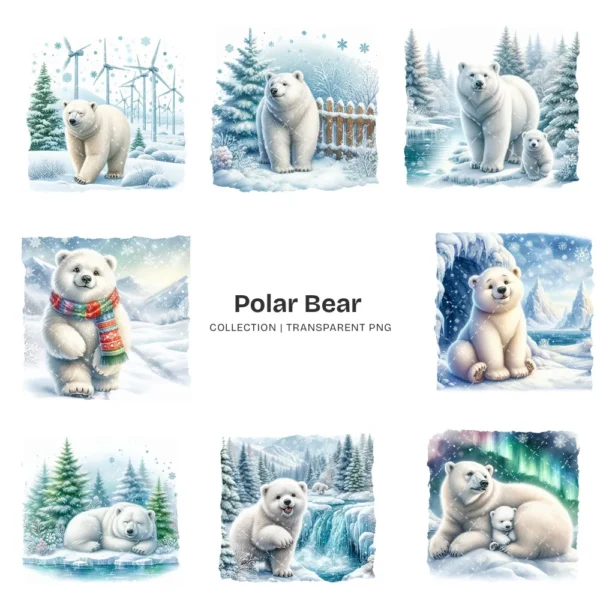 Polar Bear PNG Clipart Collection - 62 PNG, Winter Bear Graphics, Arctic Bear, Snowy Forest Printables, Commercial use, Digital download