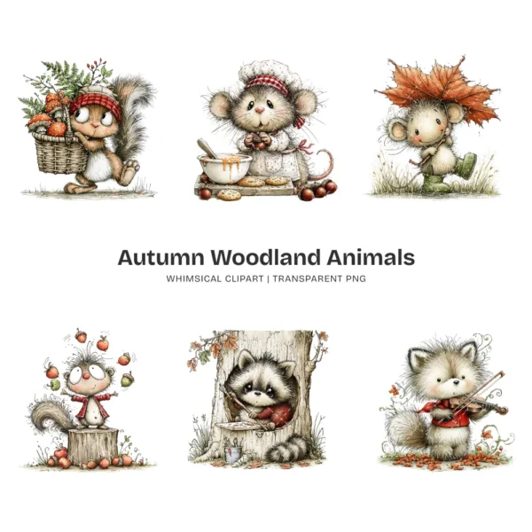 Autumn Woodland Animals Whimsical Clipart - 60 PNG, Fall Forest Graphics, Seasonal Wildlife PNG, Commercial use, Digital download