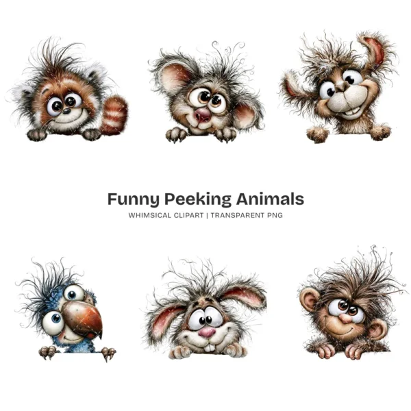 Funny Peeking Animals Whimsical Clipart - 60 PNG, Wild Critters Graphics, Quirky, Giggling Animal PNG, Commercial use, Digital download